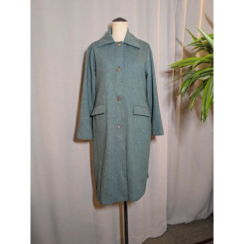 Erica Tanov Wool Peacoat Blue Long Size 1 Small Pockets Buttons Chevron